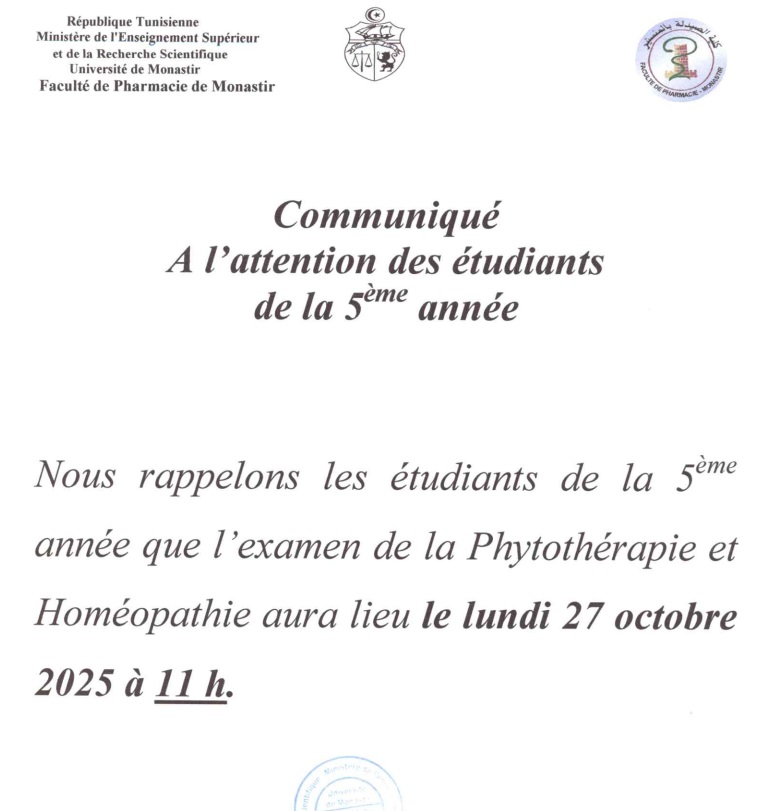 Communiqué - Etudiants 5ème année - Dermocosmétologie et Phytothérapie Homéopathie